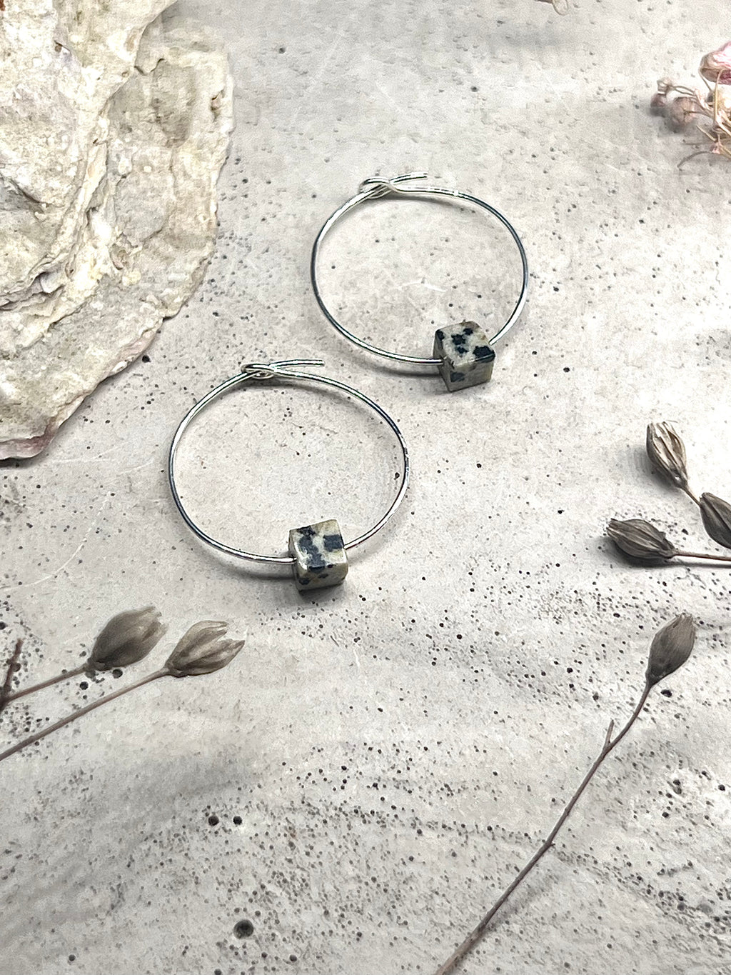 Yulia silver hoop earrings with dalmatian jasper