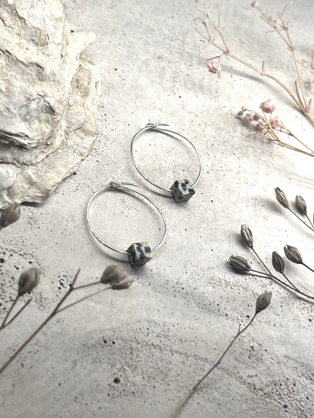 Yulia silver hoop earrings with dalmatian jasper