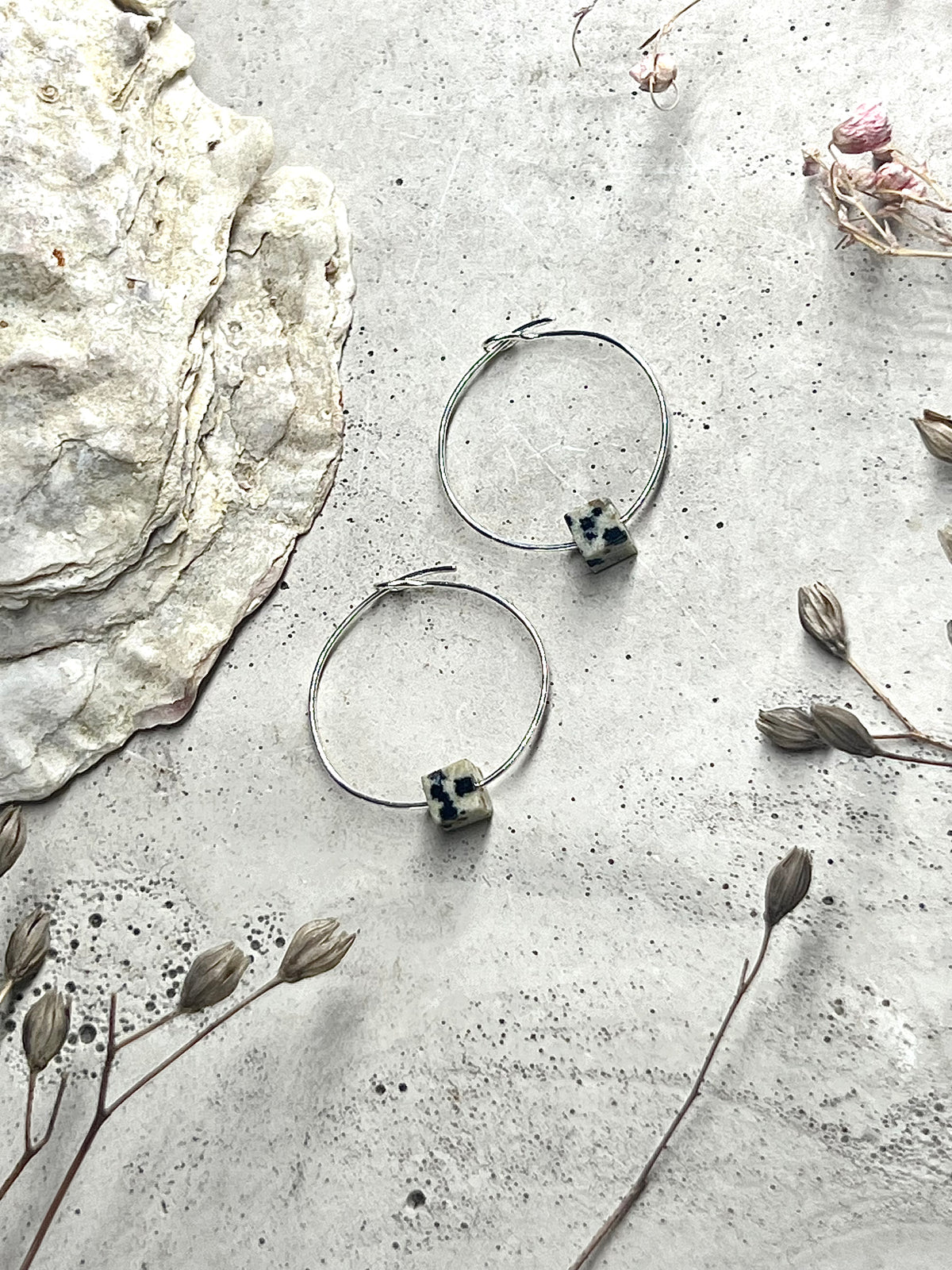 Yulia silver hoop earrings with dalmatian jasper