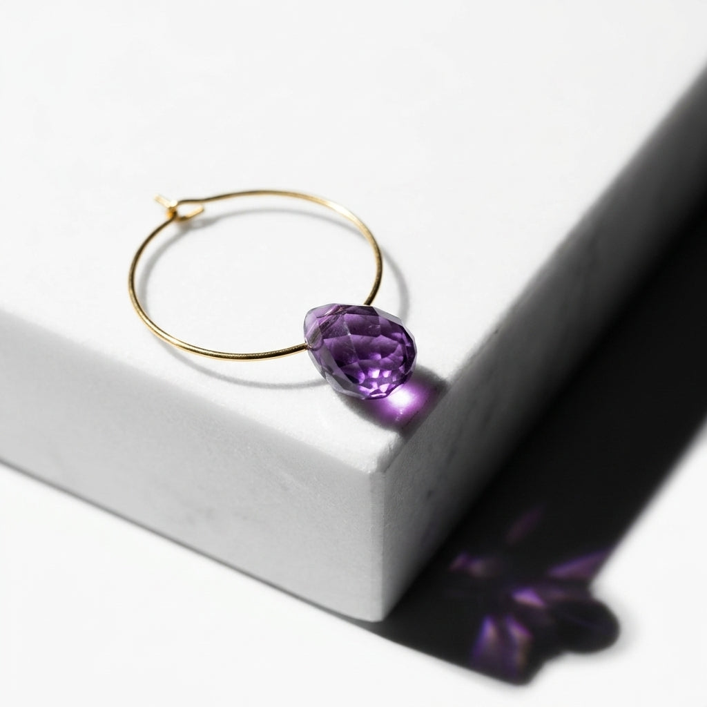 Hoop earrings with pendants — Macro Amethyst Detail | Generated by Modelize