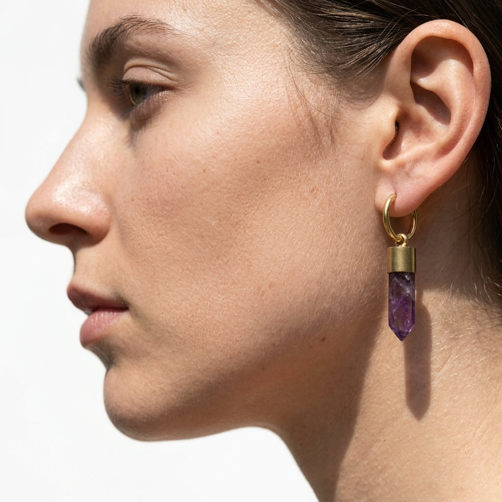 Hoop earrings with crystal pendants — Macro Detail of Amethyst | Generated by Modelize