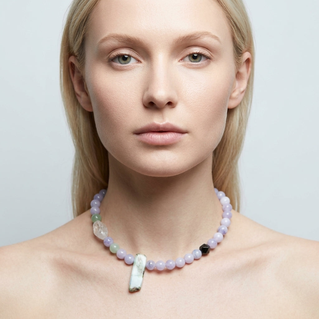Beaded choker necklace — Luxury Silk Presentation | Generated by Modelize
