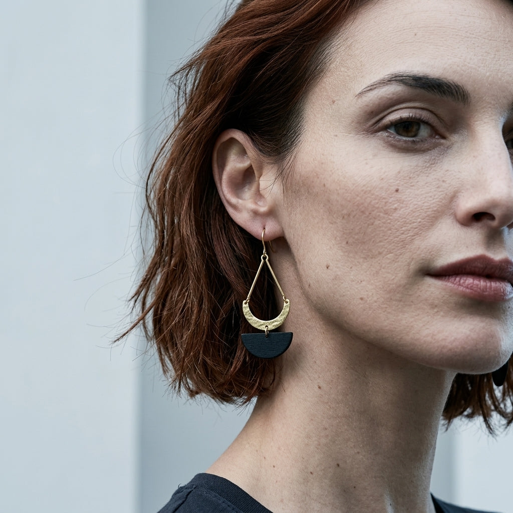 Geometric drop earrings — On Model - Jewelry Portrait | Generated by Modelize