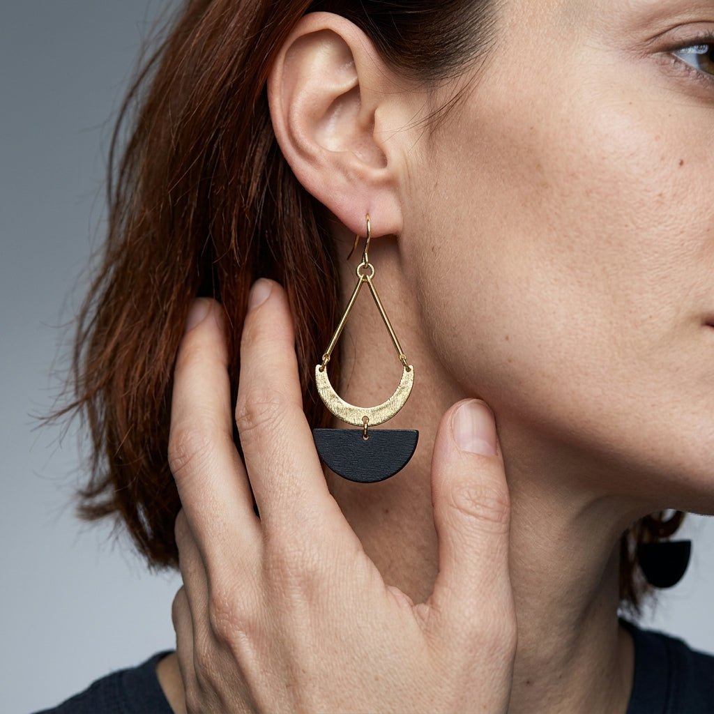 Geometric drop earrings — On Model - Jewelry Hands Detail | Generated by Modelize